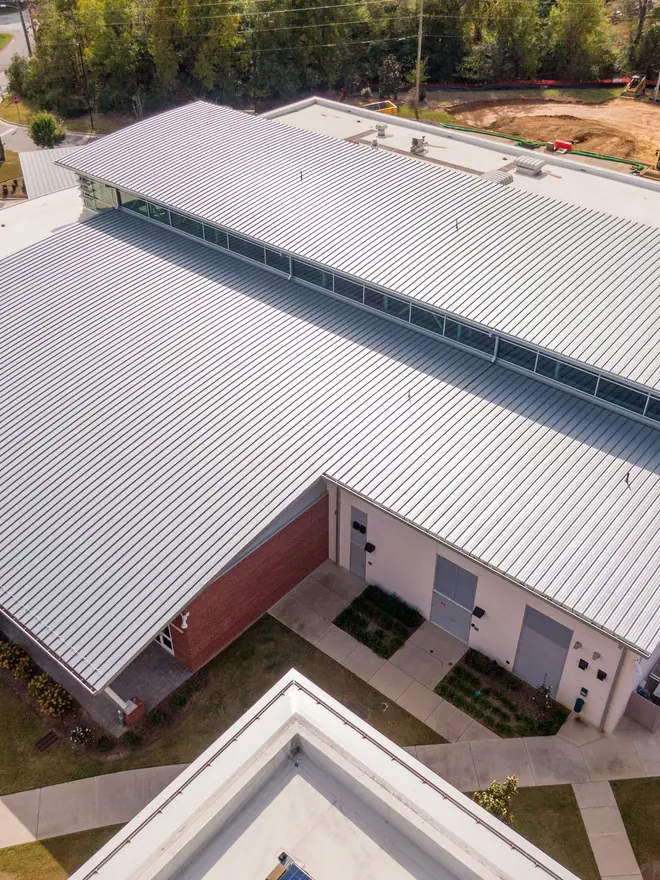 Aerial view of a commercial building roof